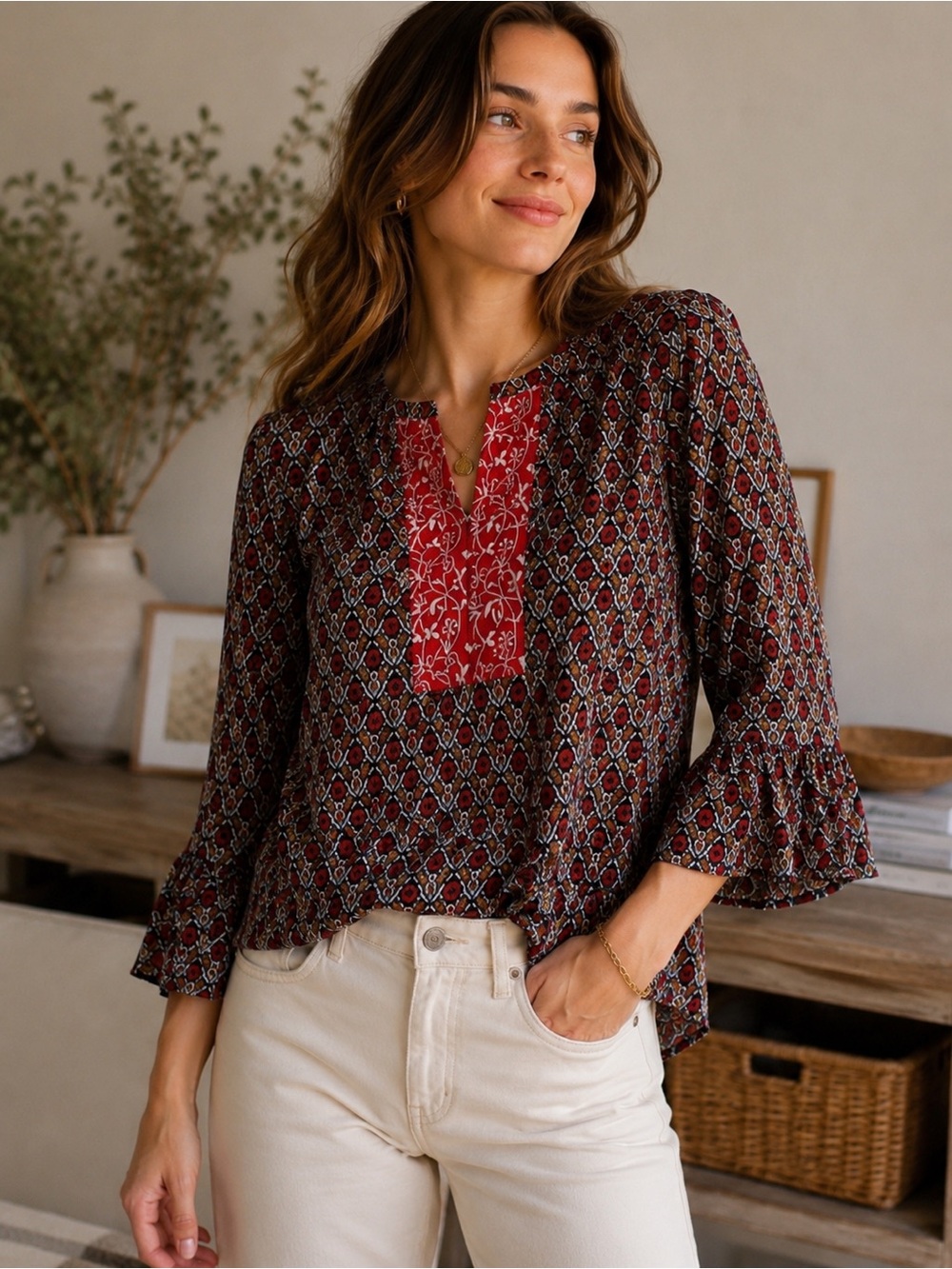 LOFT Boho Tile Print Bell Sleeve Tunic Top – XS